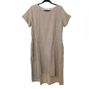 VASNA 100% Linen Dress Short Sleeves Stripes Long Grey Blue Made in Italy Size M